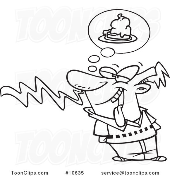 Cartoon Black and White Line Drawing of a Guy Smelling Pie