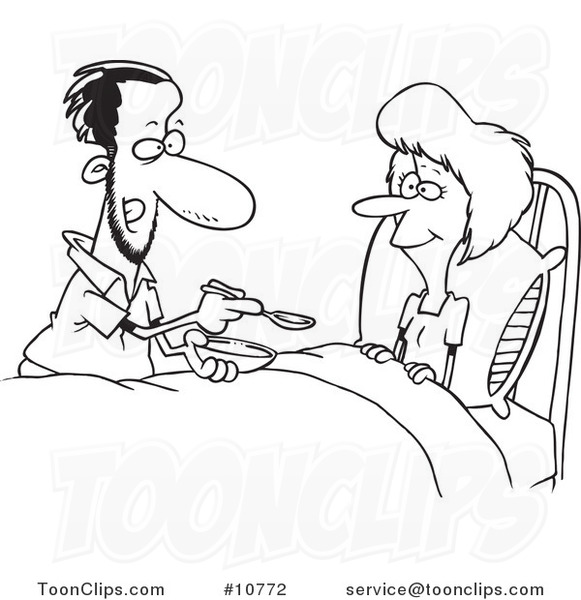 Cartoon Black and White Line Drawing of a Guy Spoon Feeding His Wife