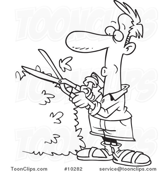 Cartoon Black and White Line Drawing of a Guy Trimming a Hedge