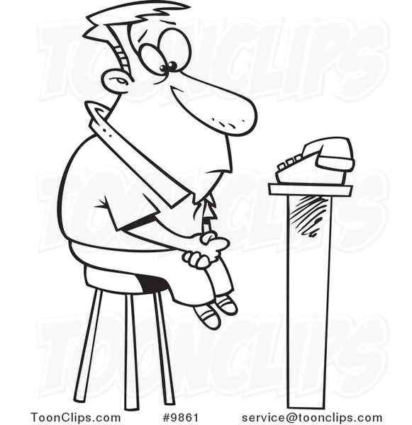 Cartoon Black and White Line Drawing of a Guy Waiting for a Phone Call  #9861 by Ron Leishman