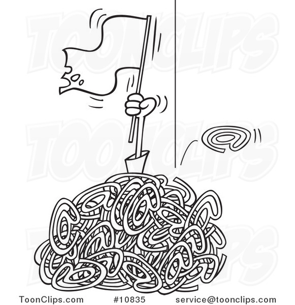 Cartoon Black and White Line Drawing of a Guy Waving a White Flat in a Pile of Spam Email