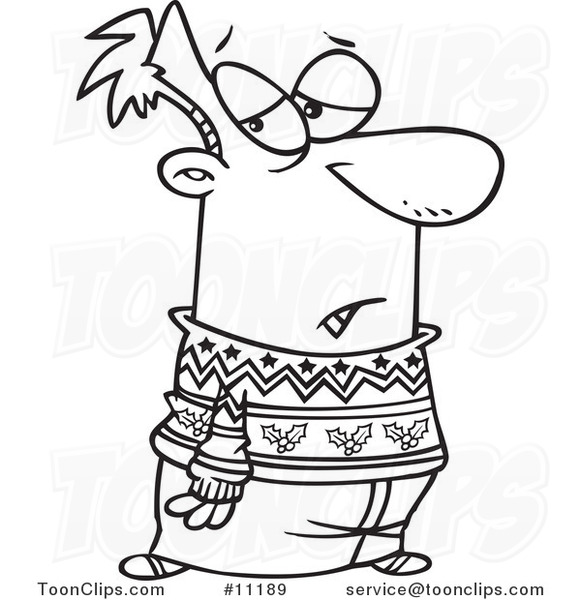 Cartoon Black and White Line Drawing of a Guy Wearing a Festive Sweater