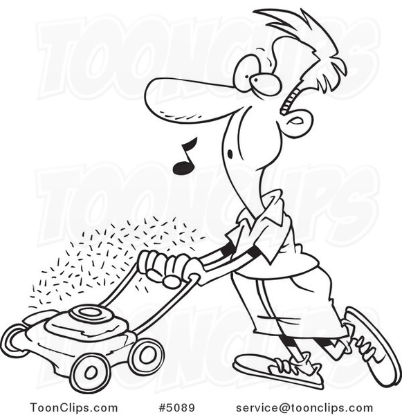 Cartoon Black and White Line Drawing of a Guy Whistling and Mowing His Lawn