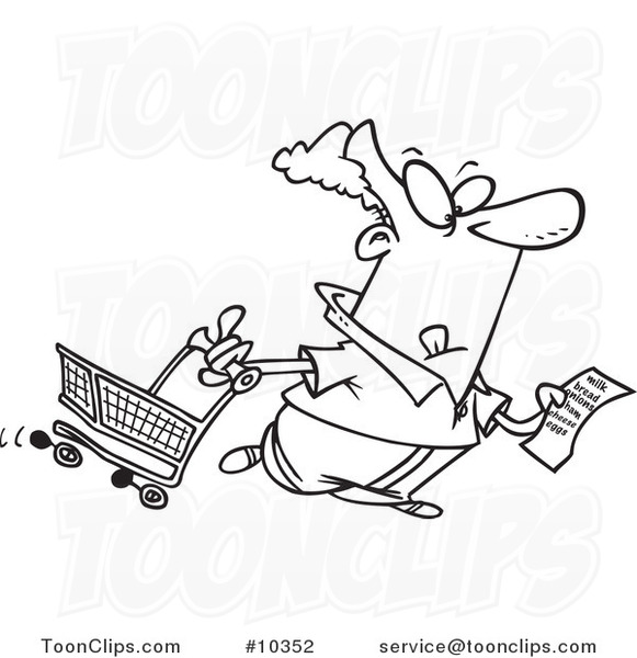 Cartoon Black and White Line Drawing of a Guy with a Shopping List #10352  by Ron Leishman