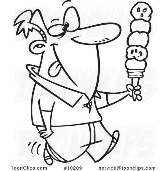 Cartoon Black and White Line Drawing of a Guy with Lots of Ice Cream Scoops