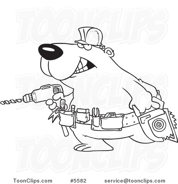Cartoon Black and White Line Drawing of a Handy Bear with Tools