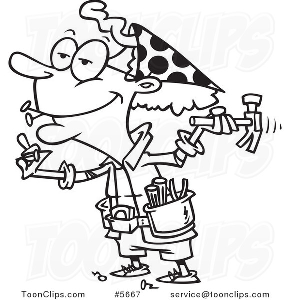 Cartoon Black and White Line Drawing of a Handy Granny Using a Hammer