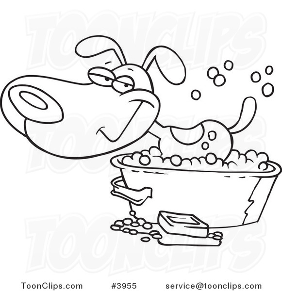 Cartoon Black and White Line Drawing of a Happy Dog Bathing in a Tub