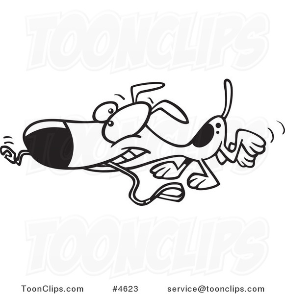 Cartoon Black and White Line Drawing of a Happy Dog Carrying a Leash