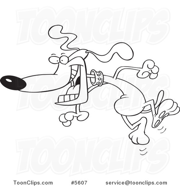 Cartoon Black and White Line Drawing of a Happy Dog Jumping