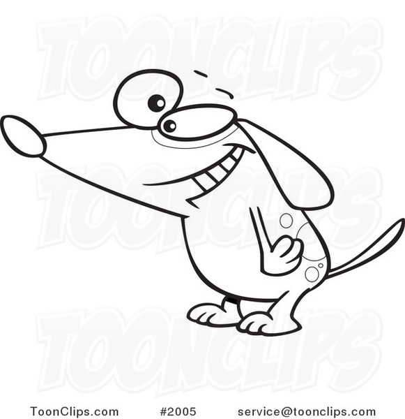 Cartoon Black and White Line Drawing of a Happy Dog Smiling
