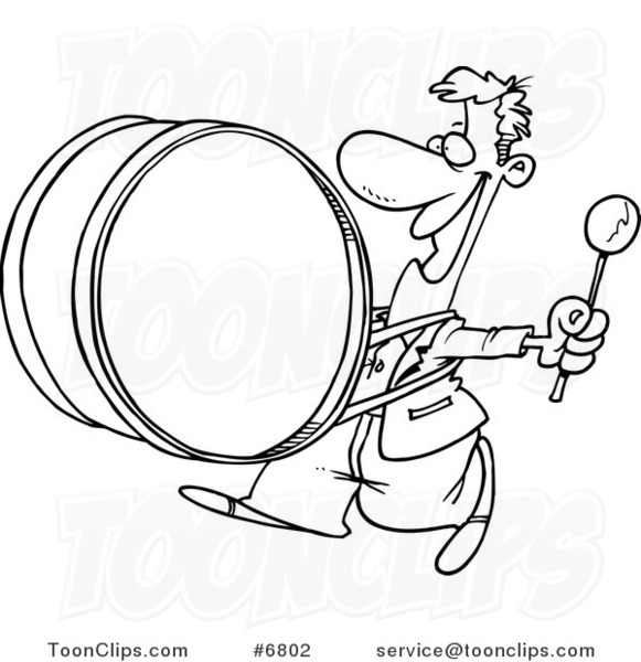 Cartoon Black and White Line Drawing of a Happy Drummer