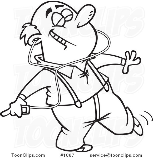 Cartoon Black and White Line Drawing of a Happy Guy Dancing and Listening to Music on an Mp3 Player