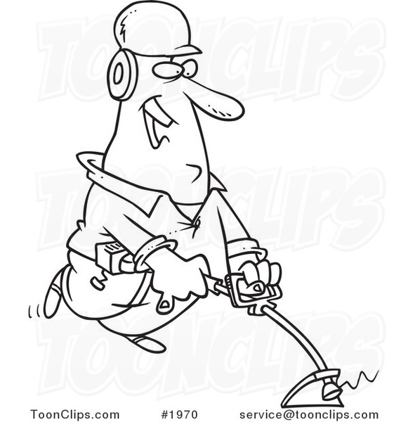 Cartoon Black and White Line Drawing of a Happy Landscaper Using a Weed Wacker