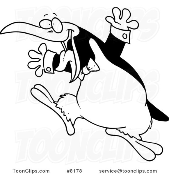 Cartoon Black and White Line Drawing of a Happy Penguin Wearing a Bow