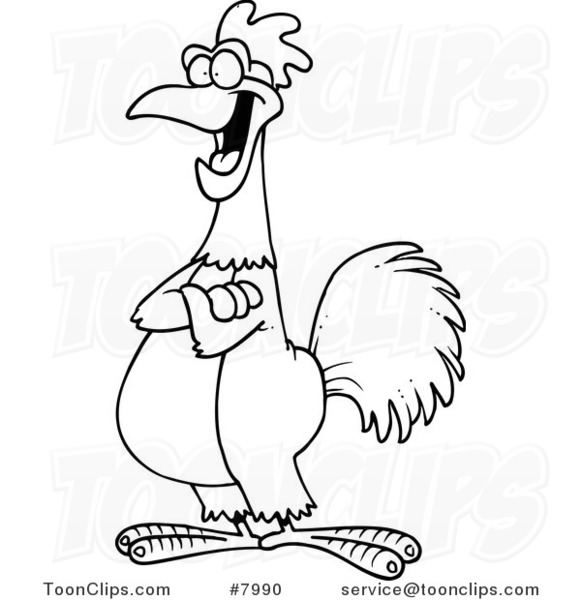 Cartoon Black and White Line Drawing of a Happy Rooster