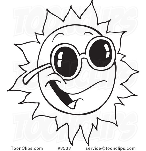 Cartoon Black and White Line Drawing of a Happy Sun Wearing Shades #8538 by  Ron Leishman