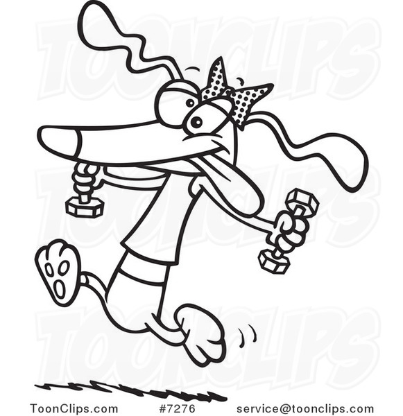 Cartoon Black and White Line Drawing of a Healthy Dog Running with Dumbbells