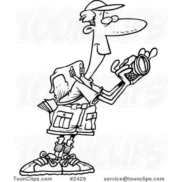 Cartoon Black and White Line Drawing of a Hiker Taking Nature Pictures  #2429 by Ron Leishman