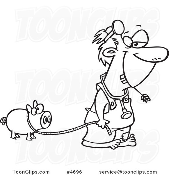 Cartoon Black and White Line Drawing of a Hillbilly Doctor with a Pet Pig