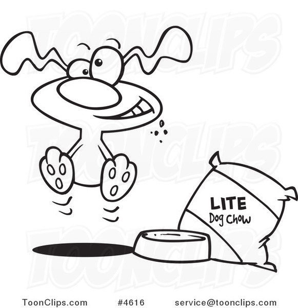 Cartoon Black and White Line Drawing of a Hungry Dog by a Bag of Diet Food
