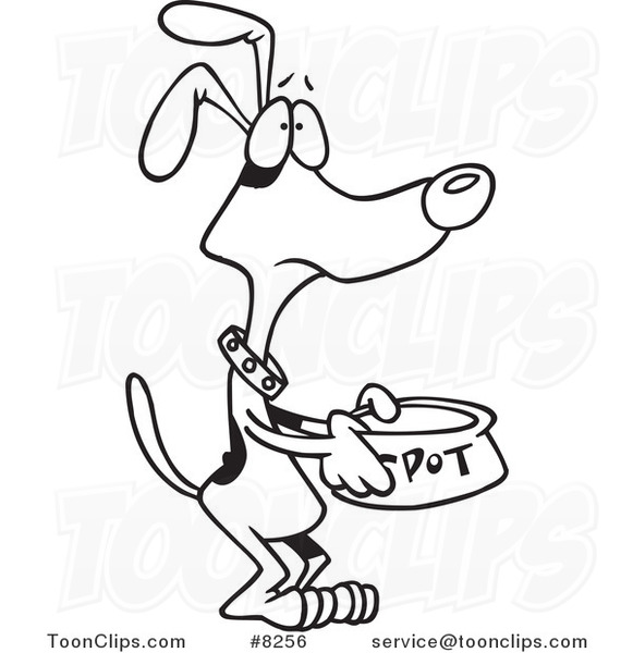 Cartoon Black and White Line Drawing of a Hungry Dog Pleading for Food  #8256 by Ron Leishman