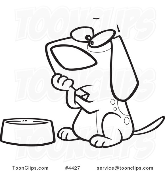Cartoon Black and White Line Drawing of a Hungry Dog Watching His Bowl