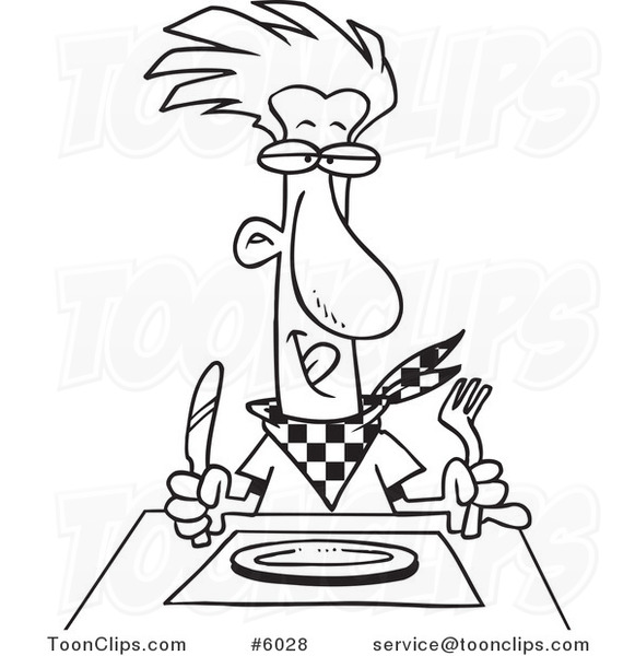 Cartoon Black and White Line Drawing of a Hungry Guy Waiting for His Dinner  #6028 by Ron Leishman