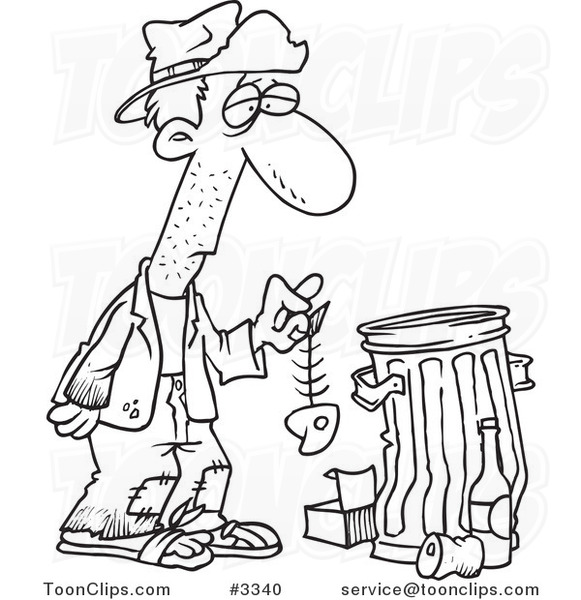 Cartoon Black and White Line Drawing of a Hungry Homeless Guy Holding a  Fish Bone by a Trash Can #3340 by Ron Leishman