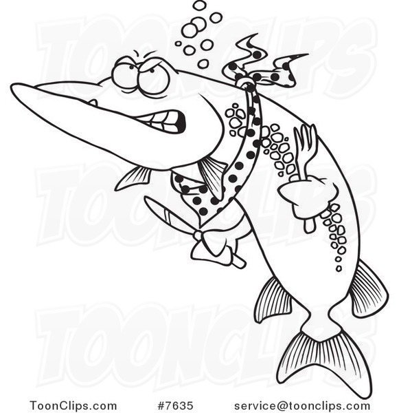 Cartoon Black and White Line Drawing of a Hungry Muskie Fish