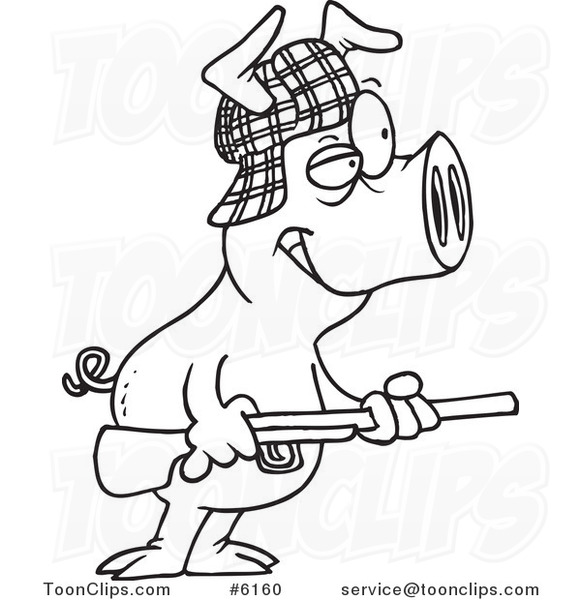 Cartoon Black and White Line Drawing of a Hunter Pig