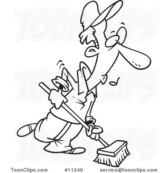 Cartoon Black and White Line Drawing of a Janitor Using a Push Broom