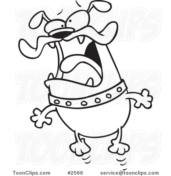 Cartoon Black and White Line Drawing of a Jittery Bulldog Jumping