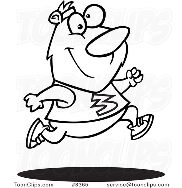 Cartoon Black and White Line Drawing of a Jogger Bear