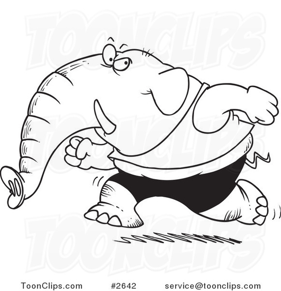 Cartoon Black and White Line Drawing of a Jogging Elephant