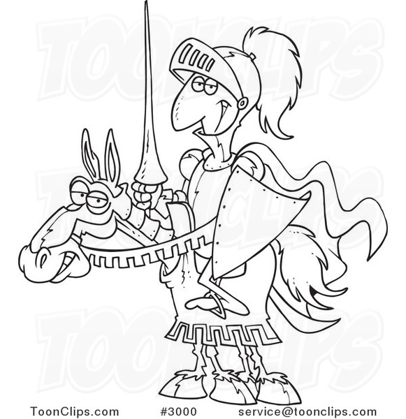 black and white cartoon knight on horse
