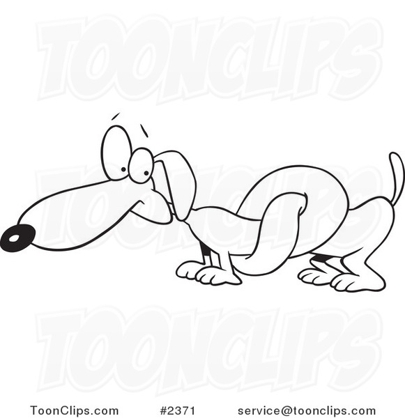 Cartoon Black and White Line Drawing of a Knotted Wiener Dog