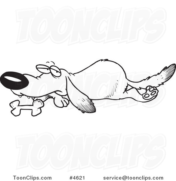 Cartoon Black and White Line Drawing of a Lab Dog Resting by His Bone