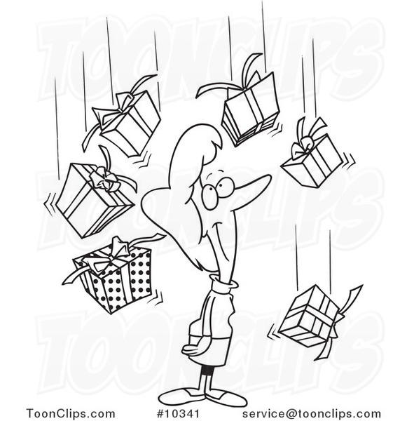 Cartoon Black and White Line Drawing of a Lady Being Showered in Gifts