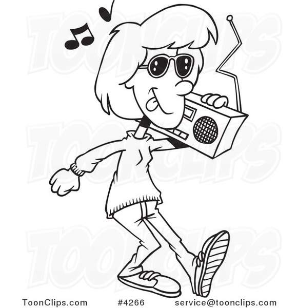 Cartoon Black and White Line Drawing of a Lady Carrying a Boom Box