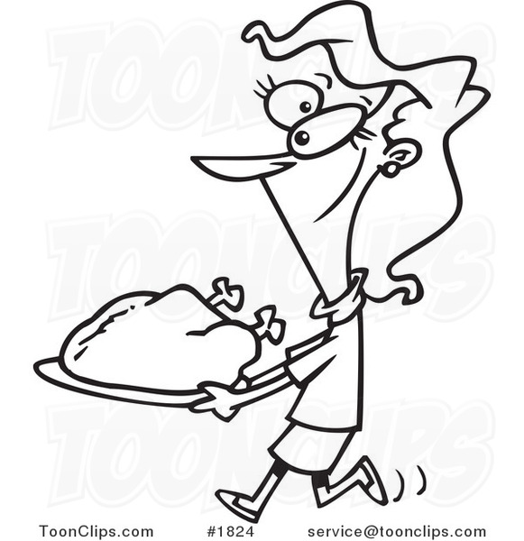 Cartoon Black and White Line Drawing of a Lady Carrying a Roasted Turkey