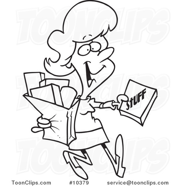 Cartoon Black and White Line Drawing of a Lady Carrying a Shopping Bag  #10379 by Ron Leishman