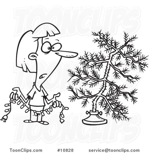 Cartoon Black and White Line Drawing of a Lady Decorating a Sparse Xmas Tree