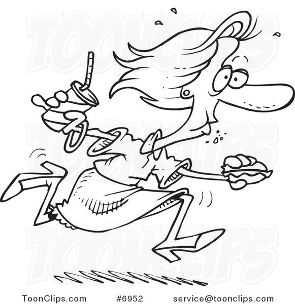 Cartoon Black and White Line Drawing of a Lady Eating on the Run