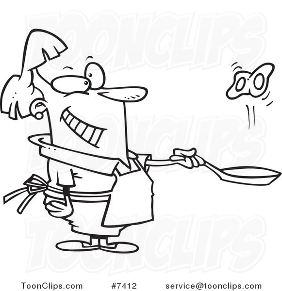 Cartoon Black and White Line Drawing of a Lady Flipping Eggs in a Frying Pan