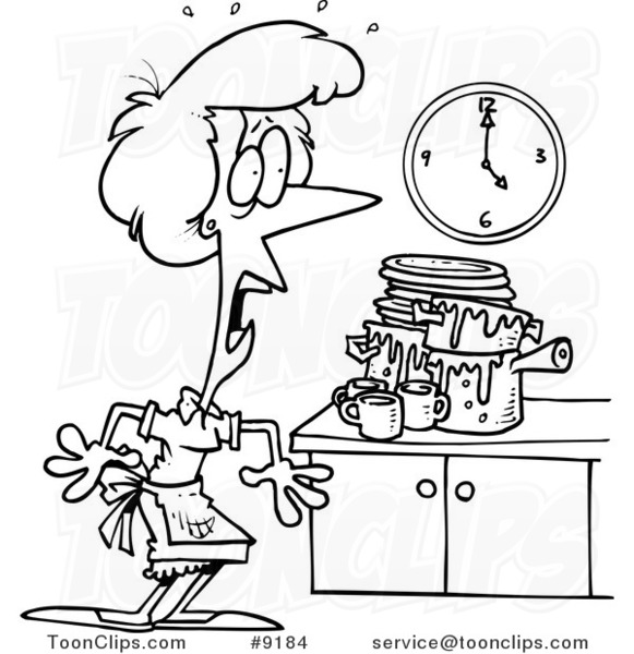 Cartoon Black and White Line Drawing of a Lady Panicking in a Messy Kitchen  #9184 by Ron Leishman