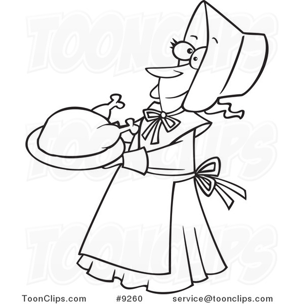 Cartoon Black and White Line Drawing of a Lady Pilgrim Serving a Turkey