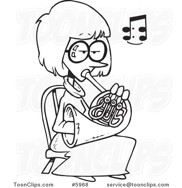 Cartoon Black and White Line Drawing of a Lady Playing a French Horn