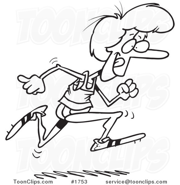 Cartoon Black and White Line Drawing of a Lady Running Track #1753 by Ron  Leishman