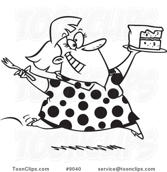 Cartoon Black and White Line Drawing of a Lady Running with Birthday Cake